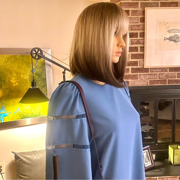 💙SEE BY CHLOE—Size 4 , Dusty Blue Shift Dress, Geometrical Cut / Tie Sleeves 💙 - Picture 10 of 16